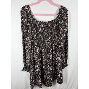 TIMING Smocked Floral Mini Dress Medium Black Boho Cottagecore Long Sleeve